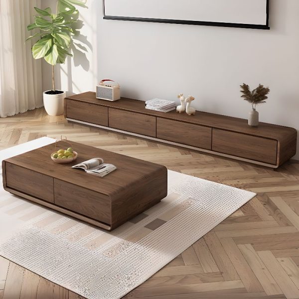 Ensemble Meuble TV et Table Basse de salon en placage de bois noyer