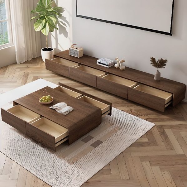 Ensemble Meuble TV et Table Basse de salon en placage de bois noyer