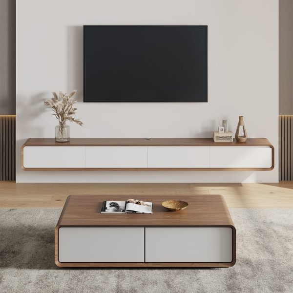 Meuble TV Suspendu  moderne pour le salon avec tiroirs de rangement, bois massif