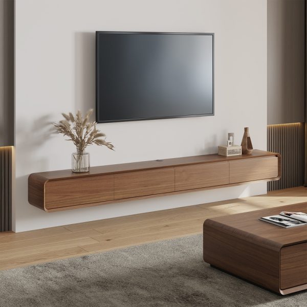 Meuble TV Suspendu  moderne pour le salon avec tiroirs de rangement, bois massif