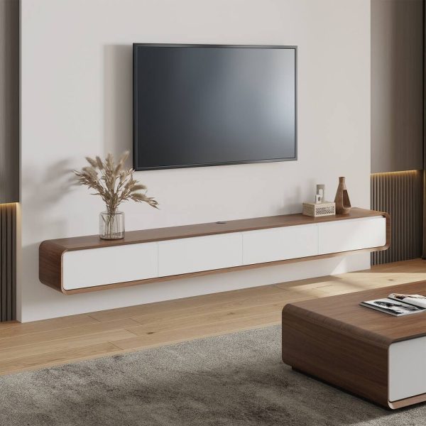 Meuble TV Suspendu  moderne pour le salon avec tiroirs de rangement, bois massif