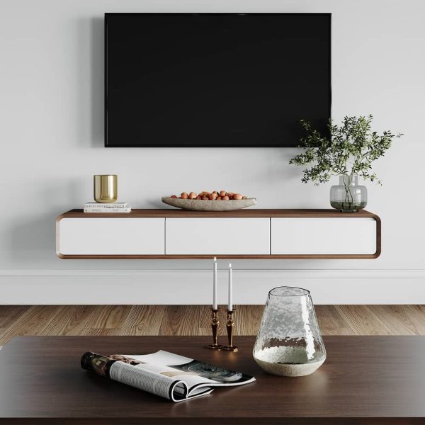 Meuble TV Suspendu  moderne pour le salon avec tiroirs de rangement, bois massif