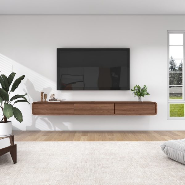Meuble TV Suspendu  moderne pour le salon avec tiroirs de rangement, bois massif