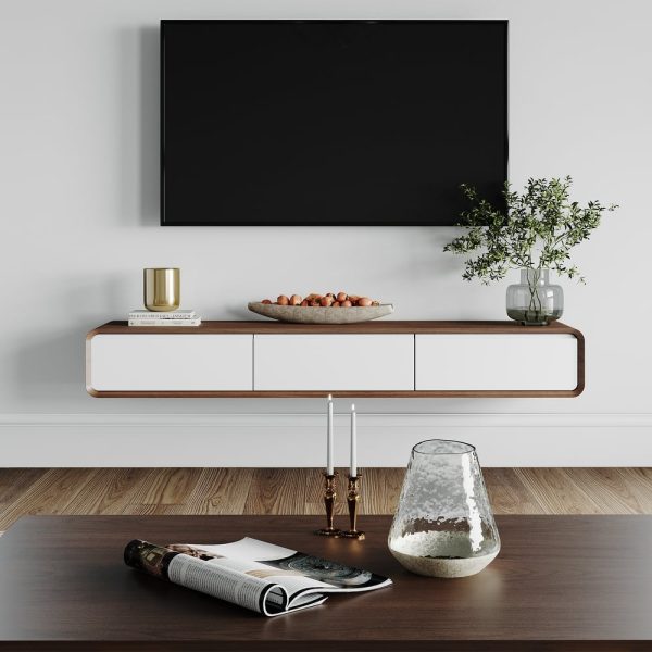 Meuble TV Suspendu  moderne pour le salon avec tiroirs de rangement, bois massif