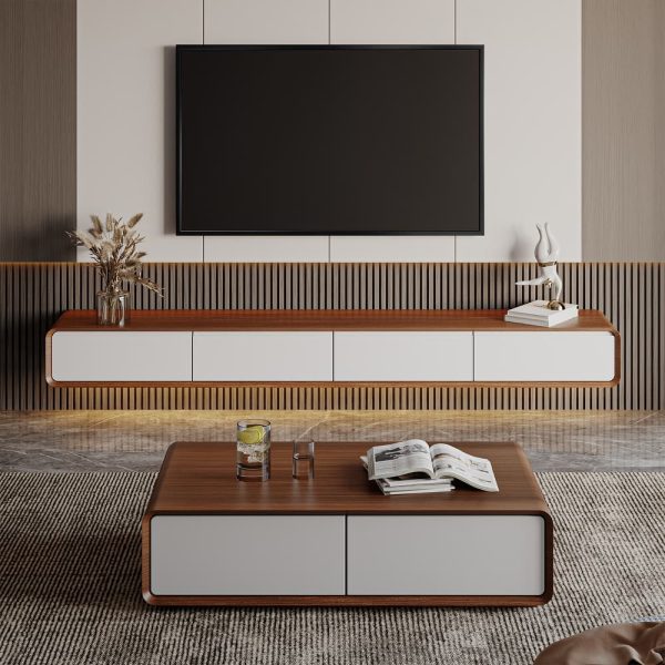 Meuble TV Suspendu  moderne pour le salon avec tiroirs de rangement, bois massif