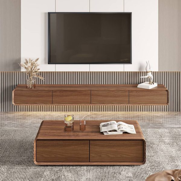 Meuble TV Suspendu  moderne pour le salon avec tiroirs de rangement, bois massif